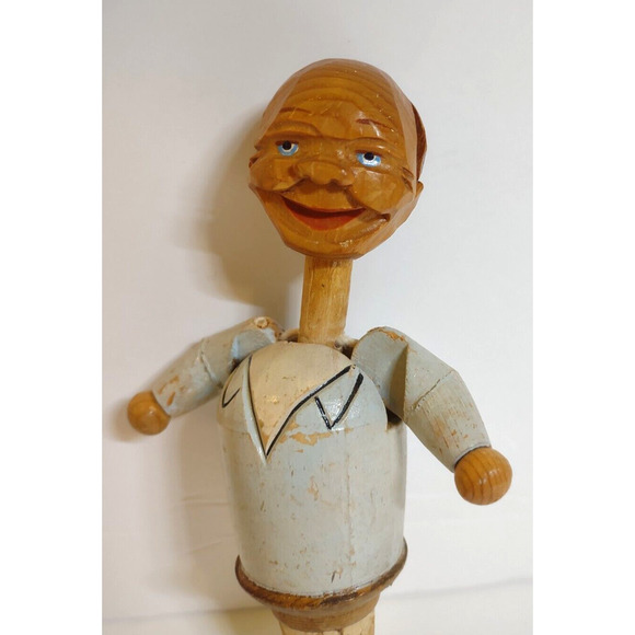 ANRI Mechanical Bottle Stopper Push Head Arms Move Wood Hand Carved Puppet Bar - Picture 2 of 5